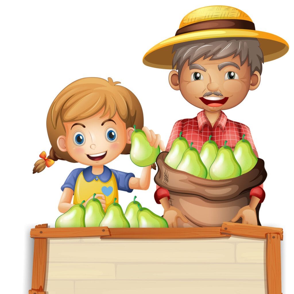 Farmer with pear on wooden banner